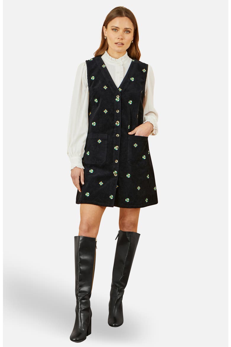 Embroidered Button Up Pinafore Dress, Main, color, Black