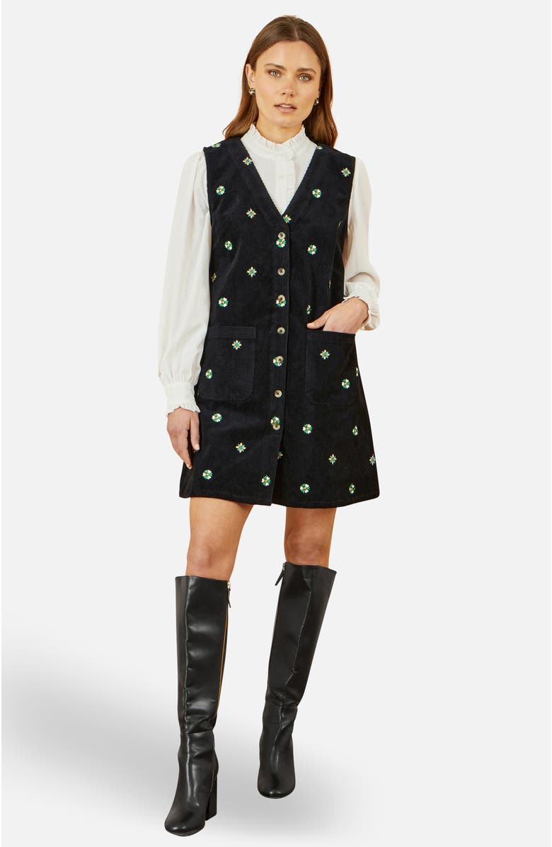 Yumi Embroidered Button Up Pinafore Dress, Main, color, Black