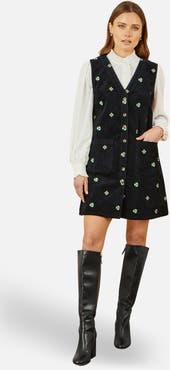 Yumi Embroidered Button Up Pinafore Dress