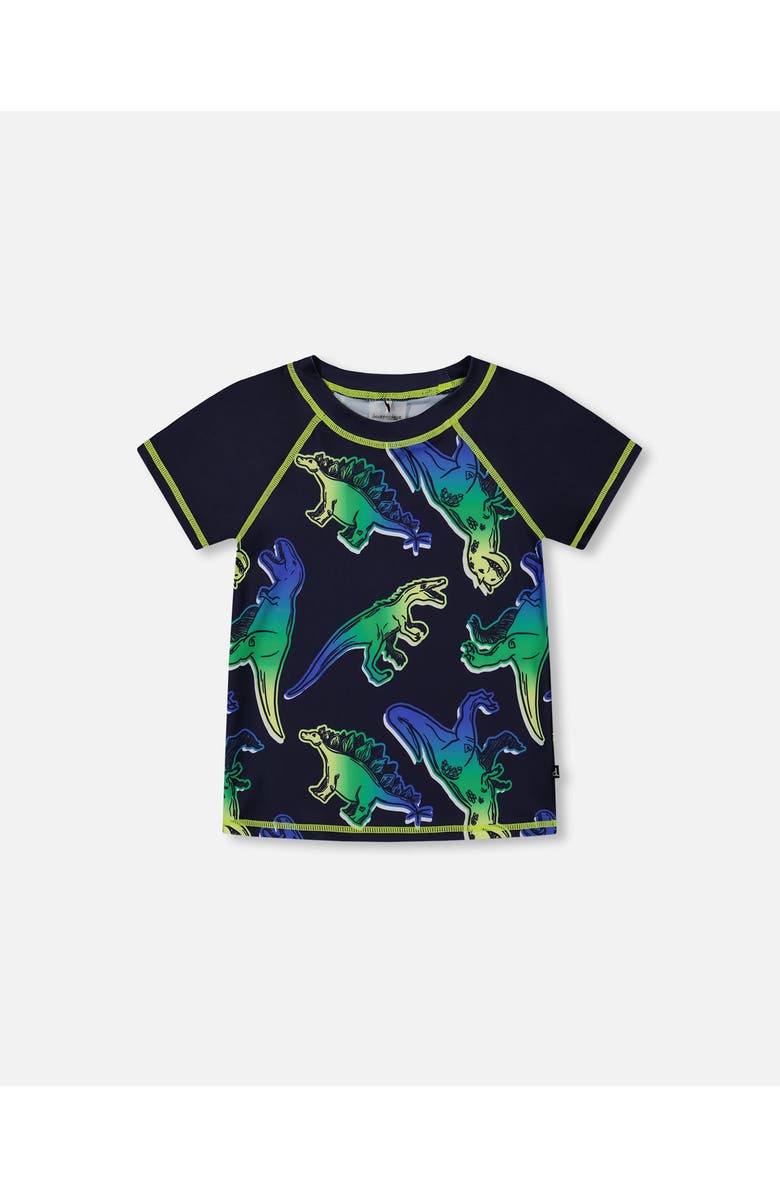 Deux par Deux Baby Boy's Short Sleeve Rashguard Blue And Green Dino On Navy, Main, color,