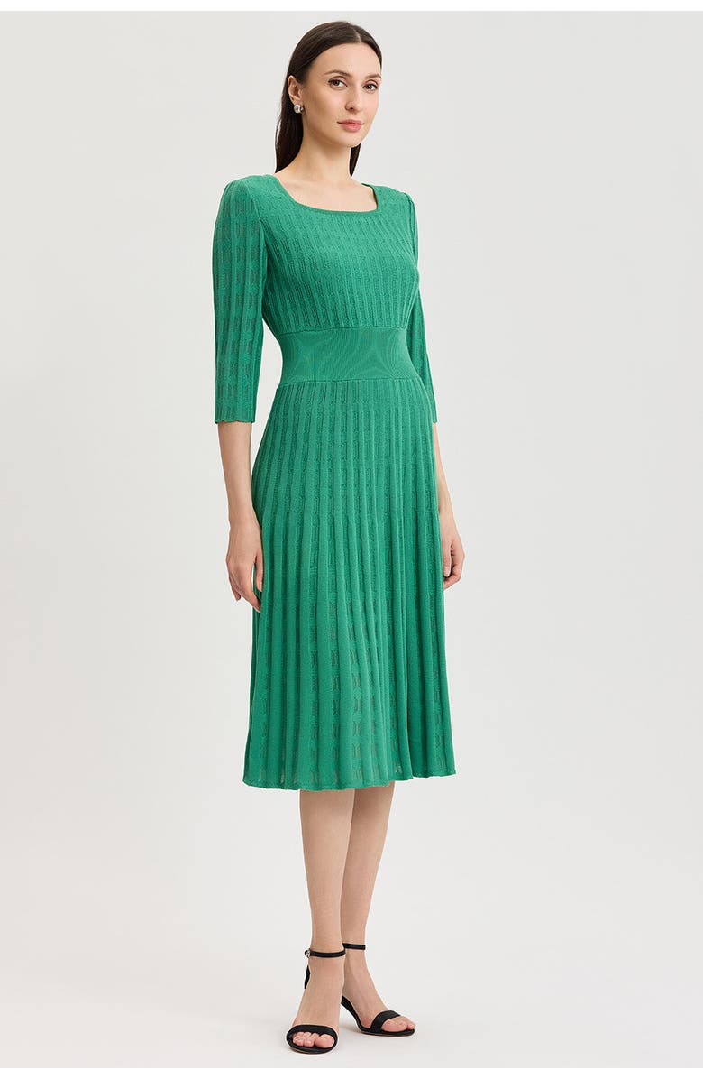 Ming Wang Linear Pointelle Tonal Knit Fit-N-Flare Midi Dress, Alternate, color, Kelly Green
