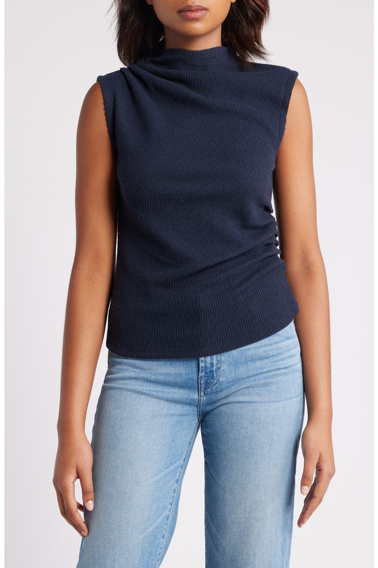 Asymmetric Ruched Sleeveless Mock Neck Knit Top, Main, color, HEATHER CARBON BLUE