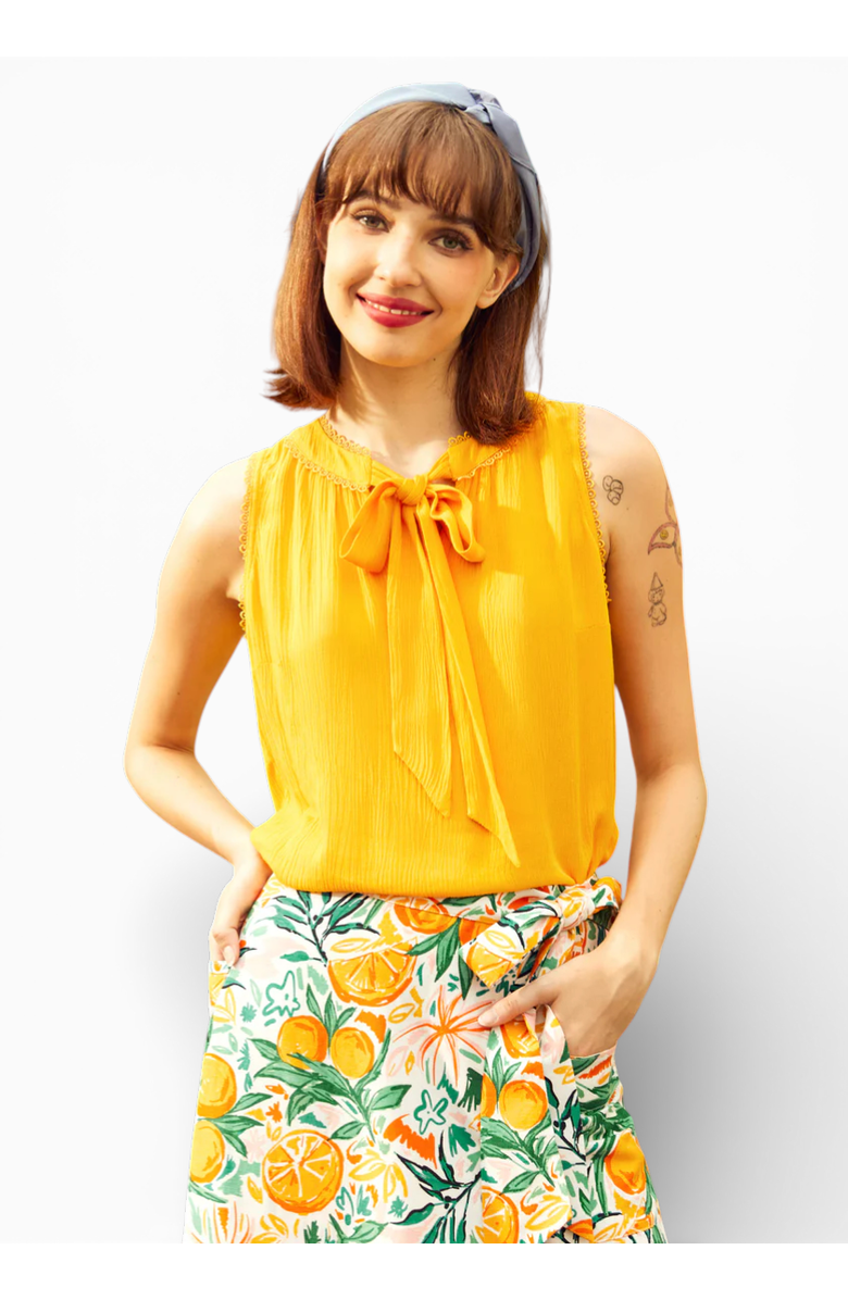 ModCloth Picnic Perfect Tie-Neck Top, Main, color, Sun Squeezed