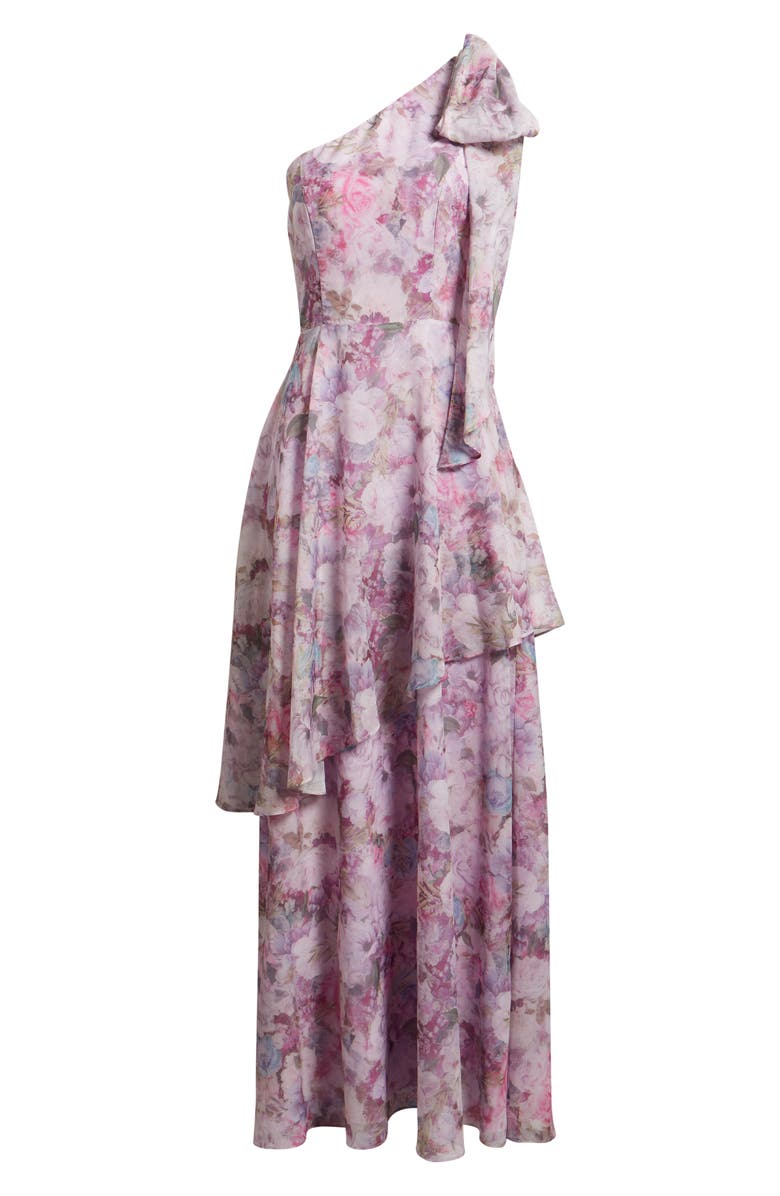 Lulus Amara Floral One-Shoulder Gown, Alternate, color, Lavender Floral