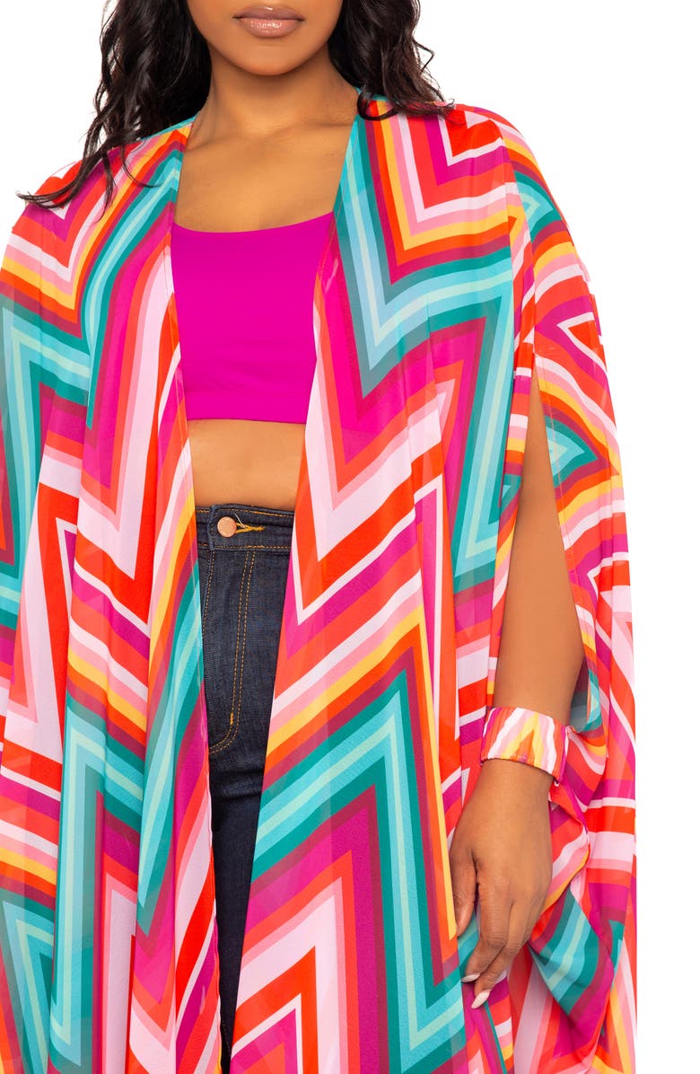 BUXOM COUTURE Chevron Print Chiffon Robe with Wrist Bands, Alternate, color, Pink Multi
