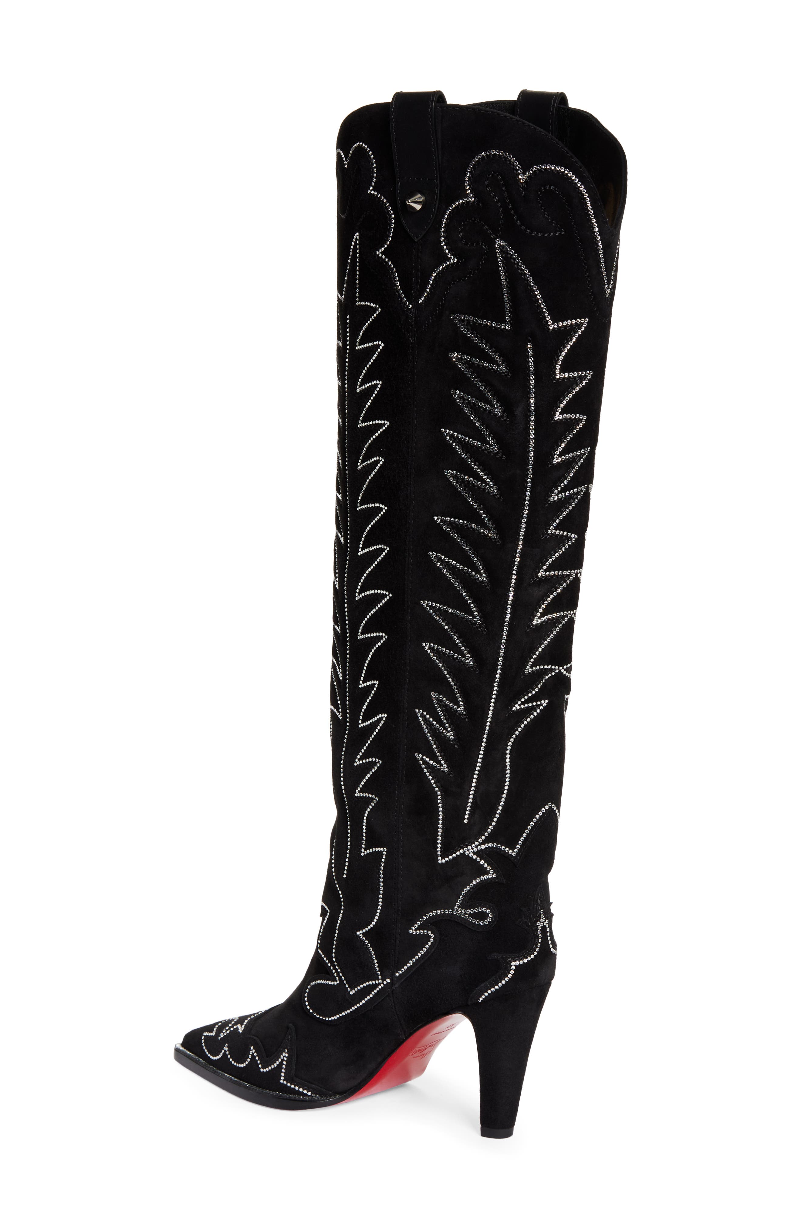 Christian Louboutin Santia Crystal Beaded Knee High Western Boot, Alternate, color, Black/ Bk Luc