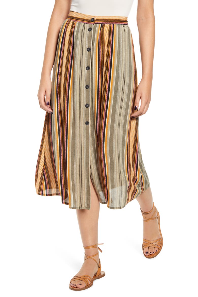 Stripe Button Front Midi Skirt, Main, color, GREEN