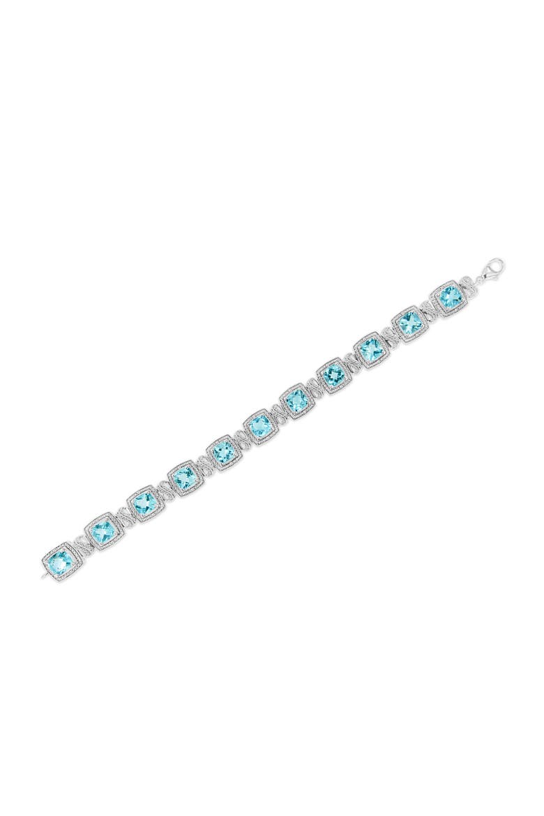 .925 Sterling Silver 7x7 mm Cushion Cut Blue Topaz and 1/10 Ctw Single Cut Diamond Square Shape Tennis Bracelet, Alternate, color, Blue Topaz