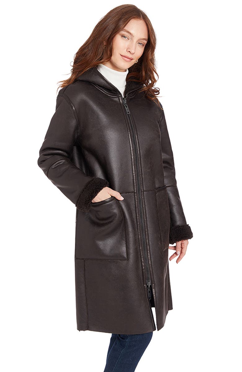 Frye Reversible Water Resistant Faux Shearling & Faux Leather Coat, Alternate, color, Brown
