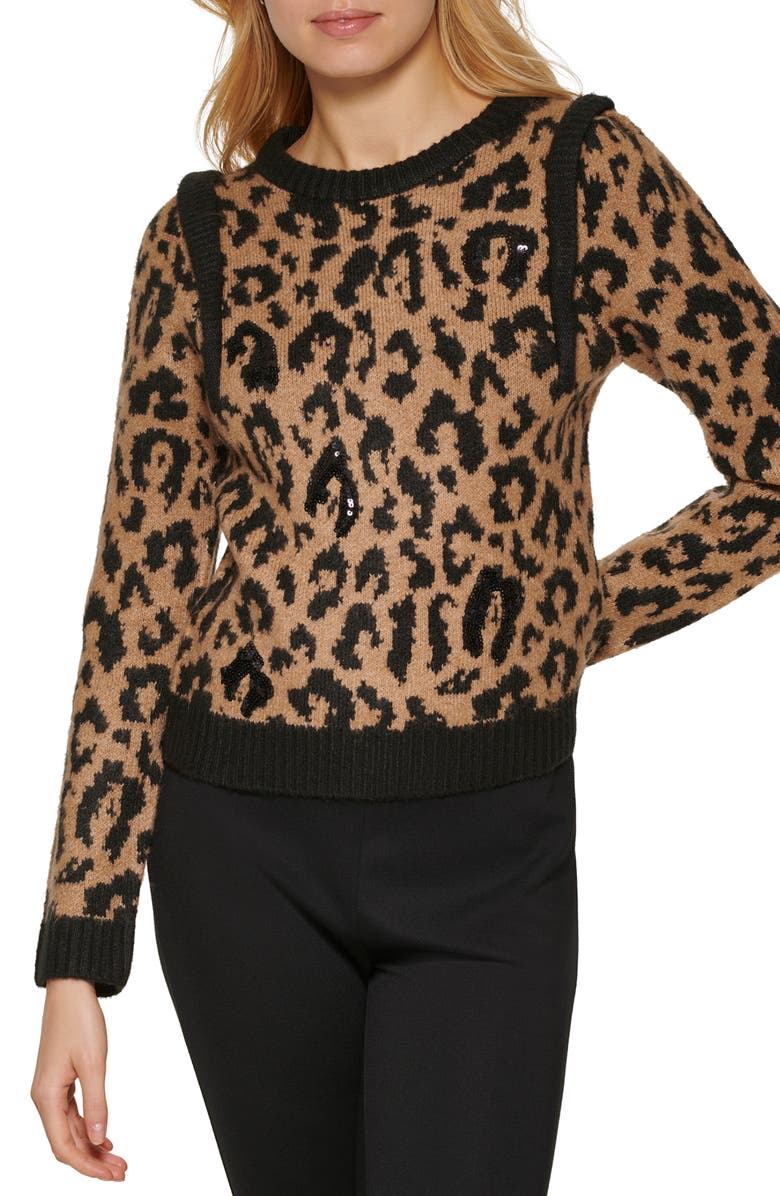 DKNY Sequin Leopard Crewneck Sweater, Main, color, 