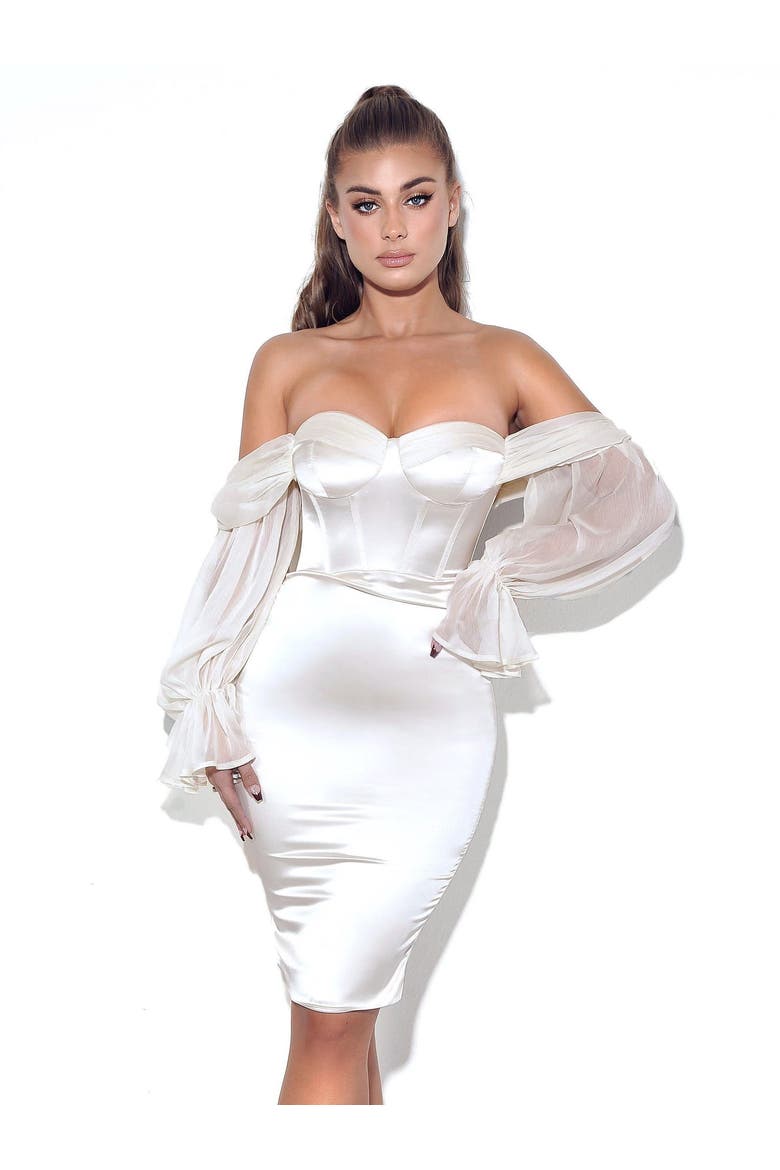 Lydia Satin Off Shoulder Puff Sleeve Dress, Main, color, White