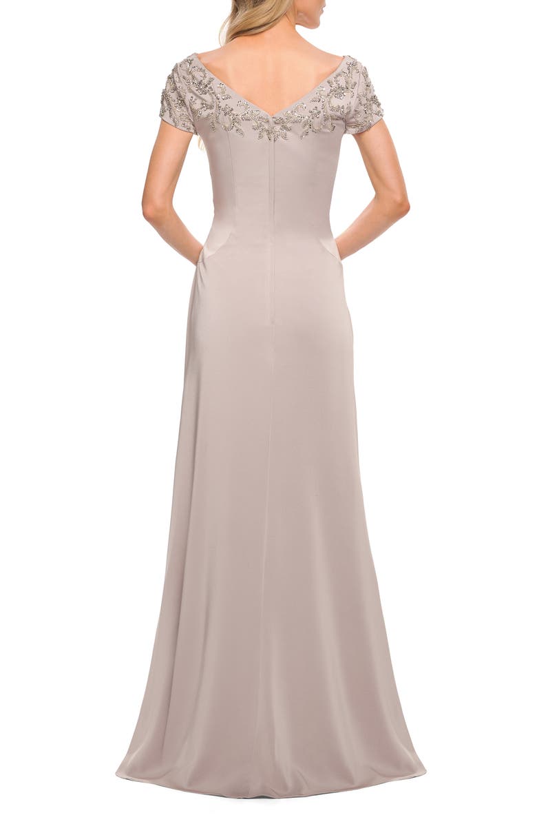 La Femme Crystal Detail Cap Sleeve Jersey Sheath Gown, Alternate, color,