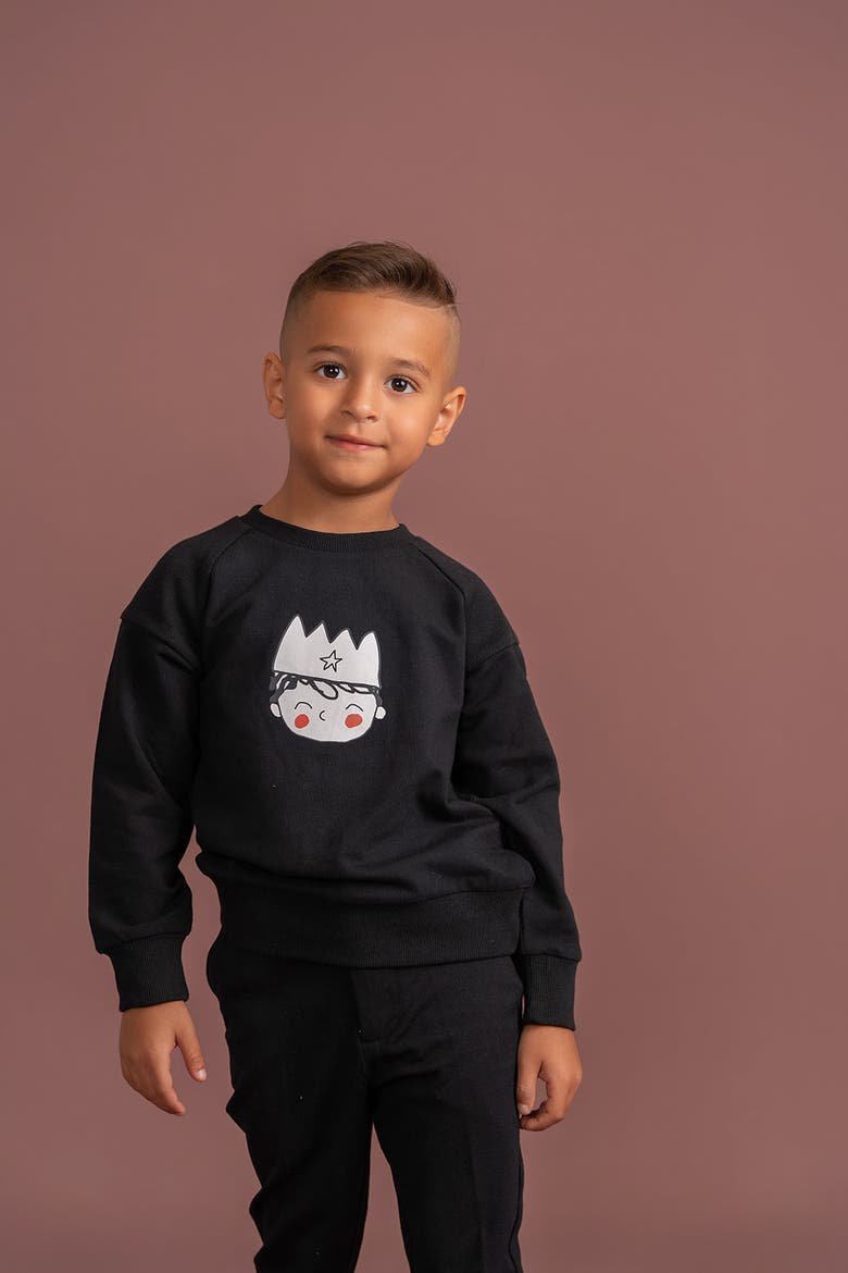 Boy French Fleece Crown Print Sweatshirt, Alternate, color, Black