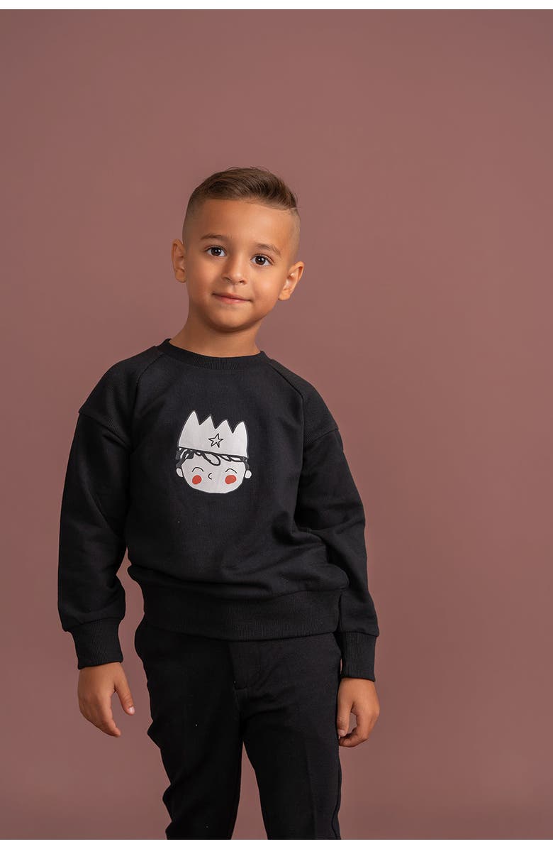 Charlotte & George Boy French Fleece Crown Print Sweatshirt, Alternate, color, Black