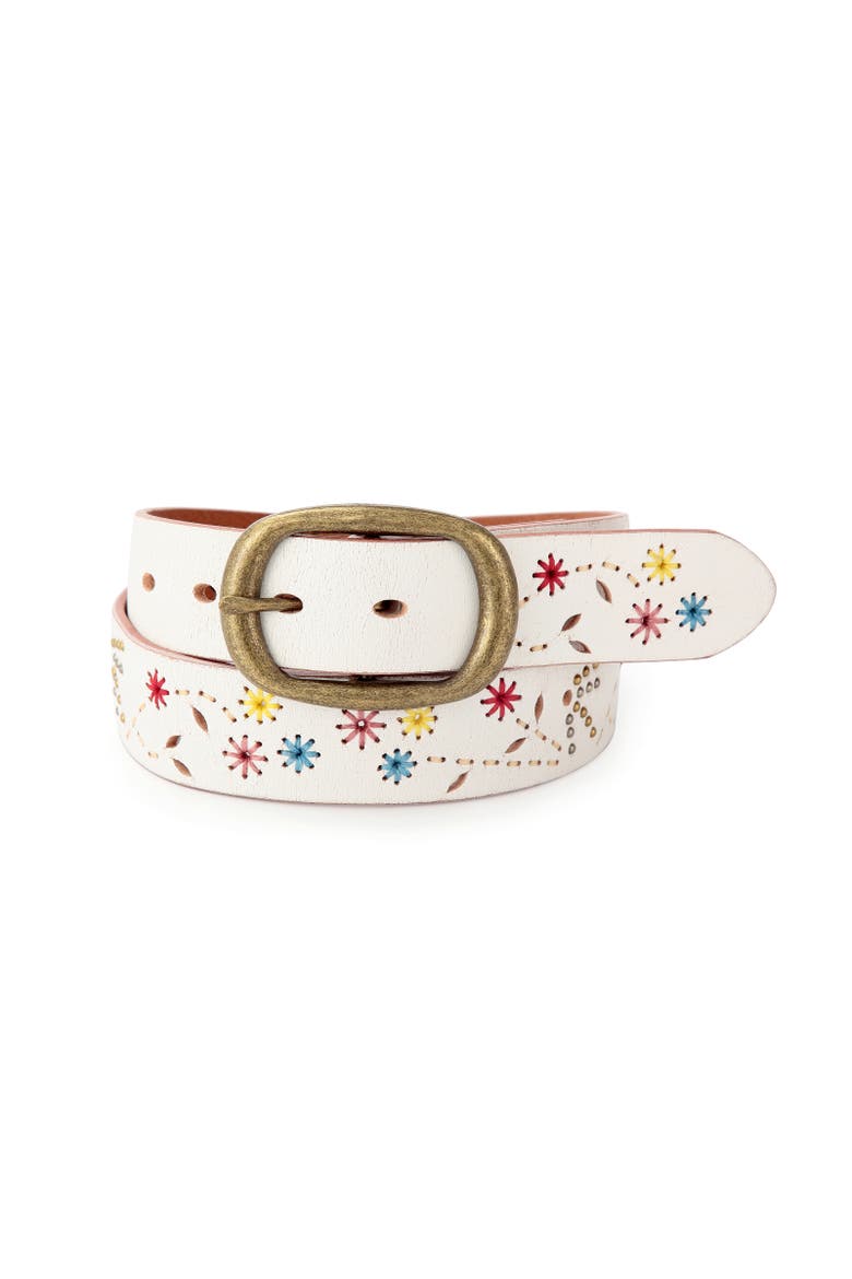 Blossom Genuine Leather Hand Stitched Colorful Detail Belt, Main, color, White