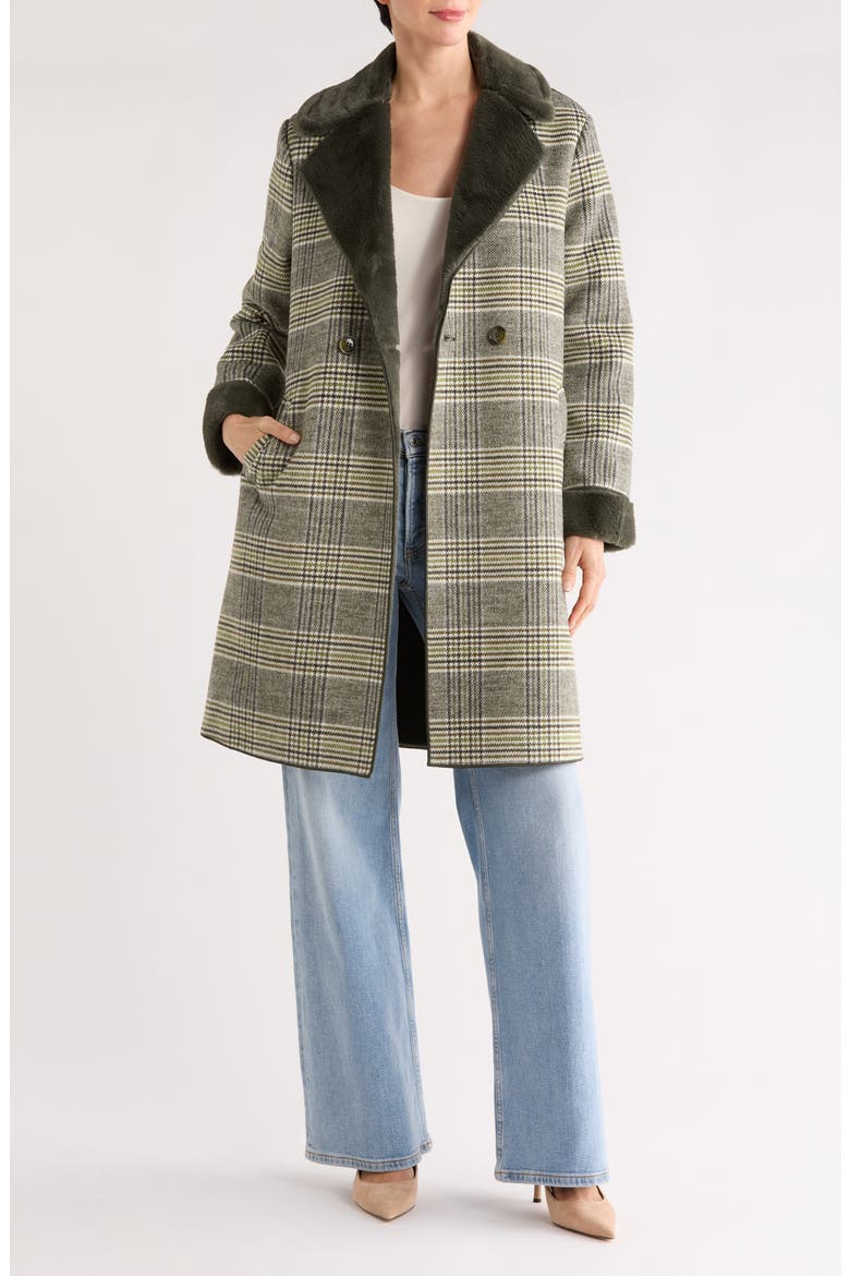 Plaid Faux Fur Trim Coat, Alternate, color, GREEN PLAID