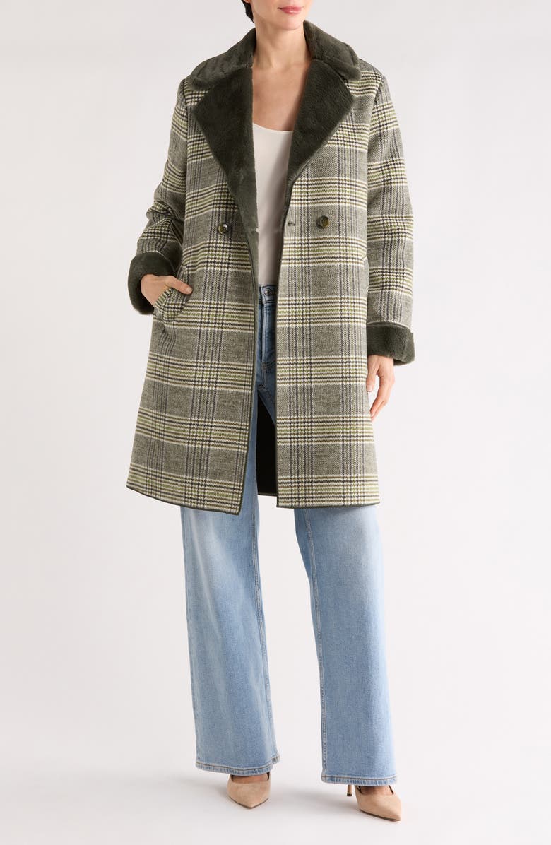 MELLODAY Plaid Faux Fur Trim Coat, Alternate, color, Green Plaid
