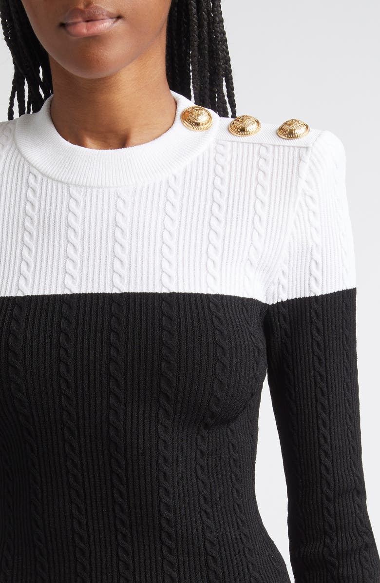 Balmain Twisted Cable Knit Sweater, Alternate, color, Black/ White