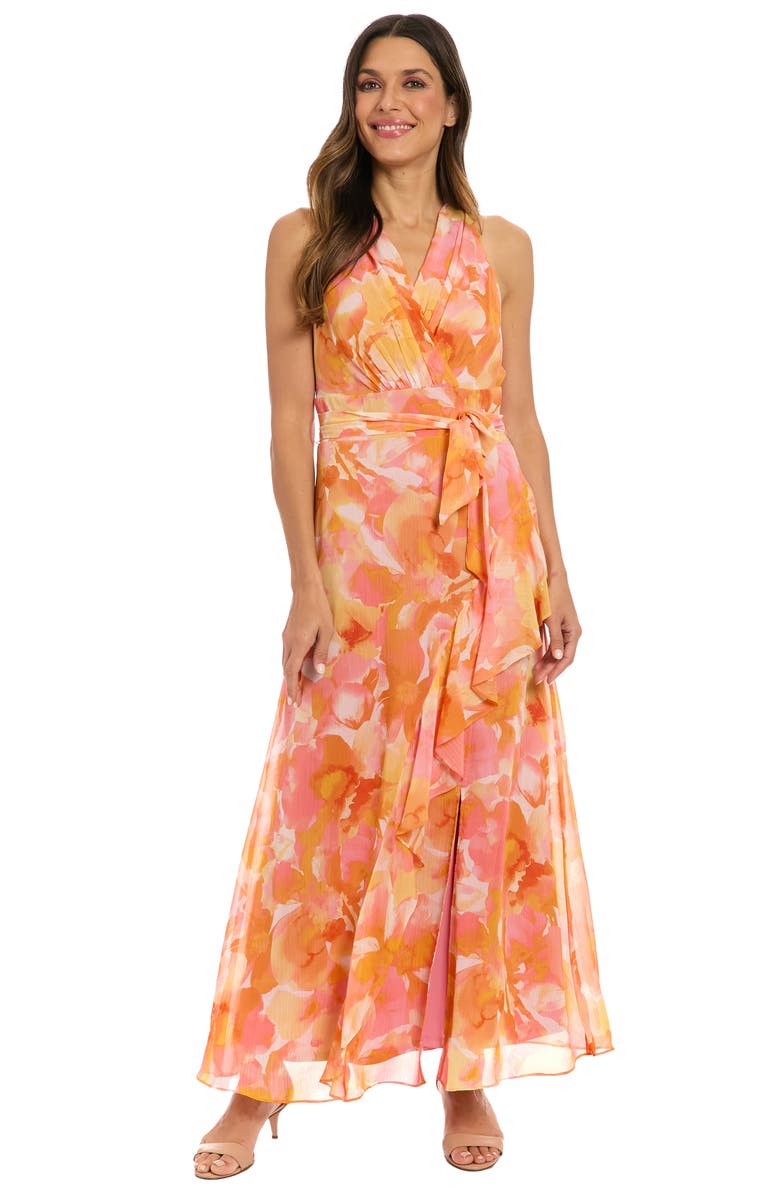 London Times Floral Ruffle Sleeveless Chiffon Maxi Dress, Alternate, color, Peach/ Yellow