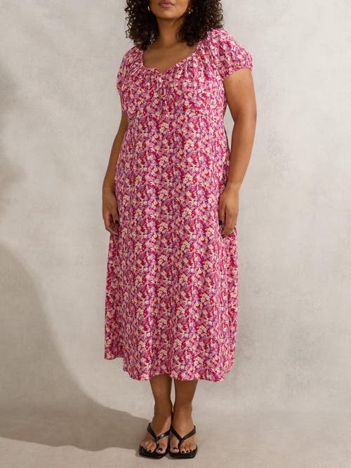 Live Unlimited Floral Gathered Neck Midi Dress In Pink