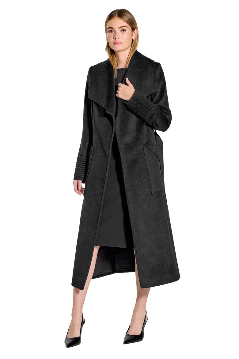 Wide Collar Belted Alpaca & Wool Wrap Coat, Alternate, color, BLACK