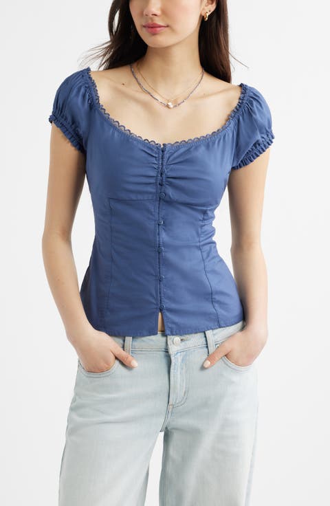 Lace Trim Stretch Cotton Button-Up Top