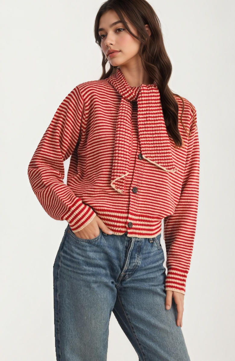 Knit and Lounge Striped Knit Button Tie-Neck Scarf Cardigan, Alternate, color, Red / Off-White Stripes