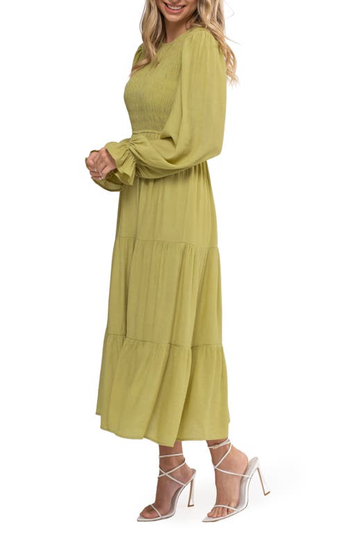 August Sky Smocked Long Sleeve Tiered Dress In Green