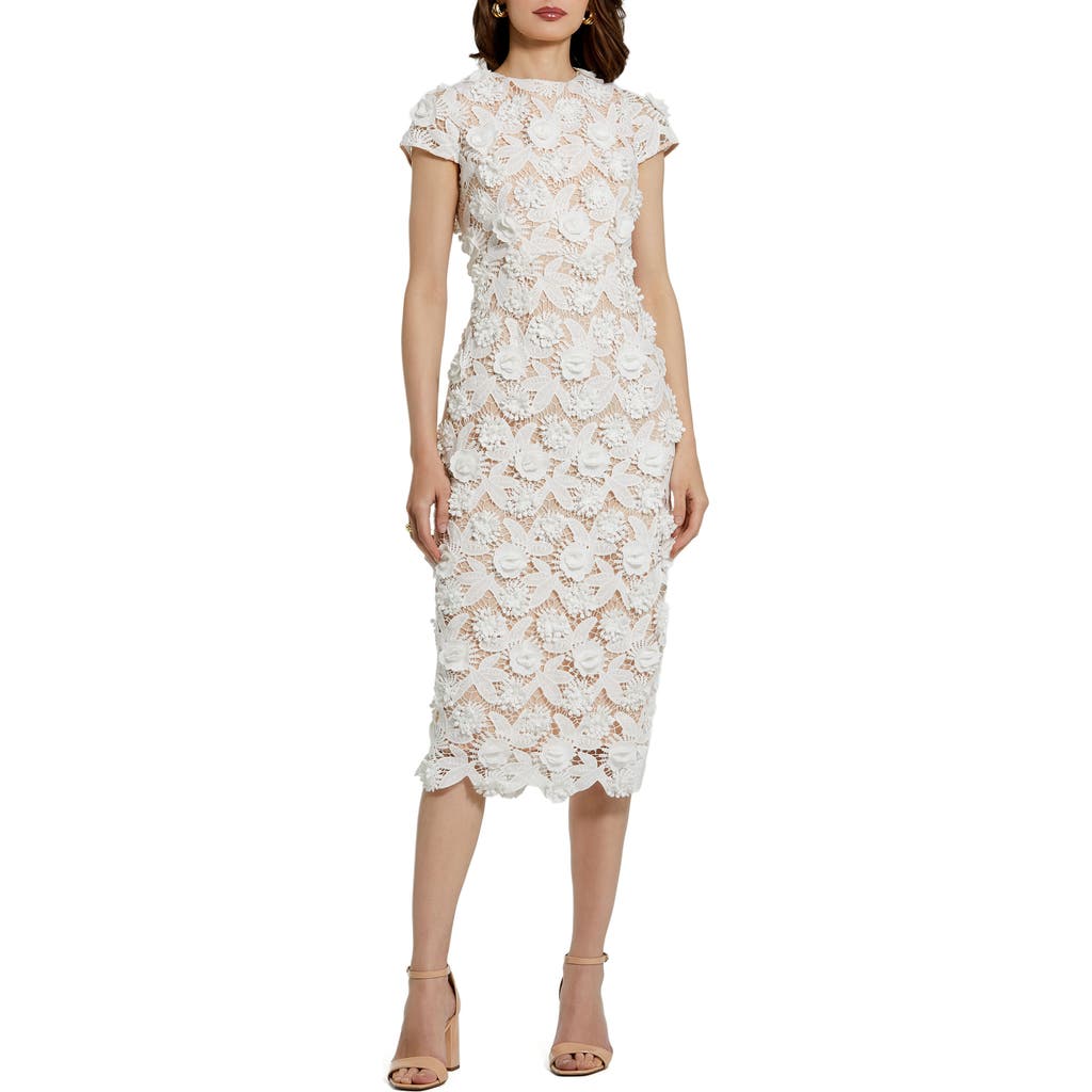 Mac Duggal Lace 3d Flower Fitted Short Sleeve Midi Dress In Ivory Nude