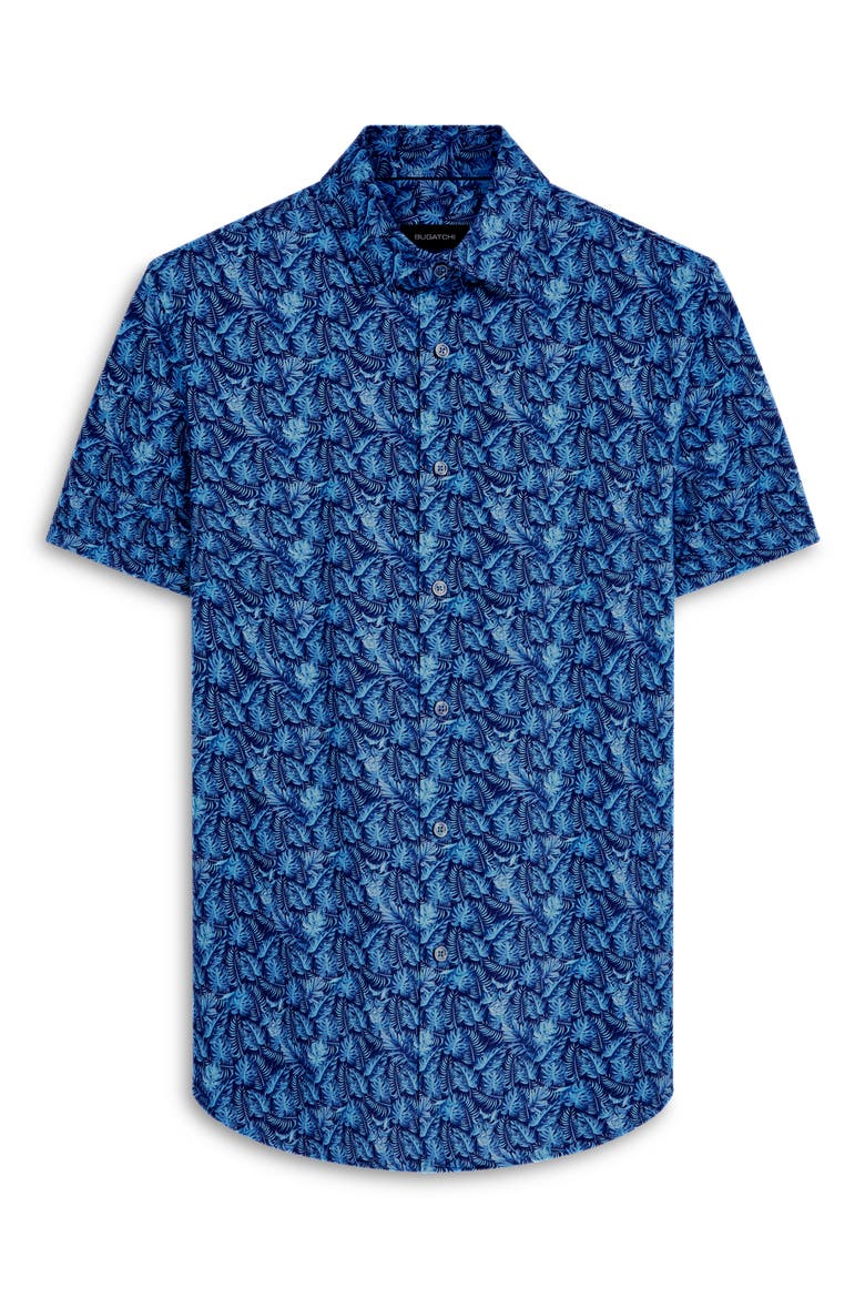 Miles OoohCotton® Leaf Print Short Sleeve Button-Up Shirt, Alternate, color, COBALT