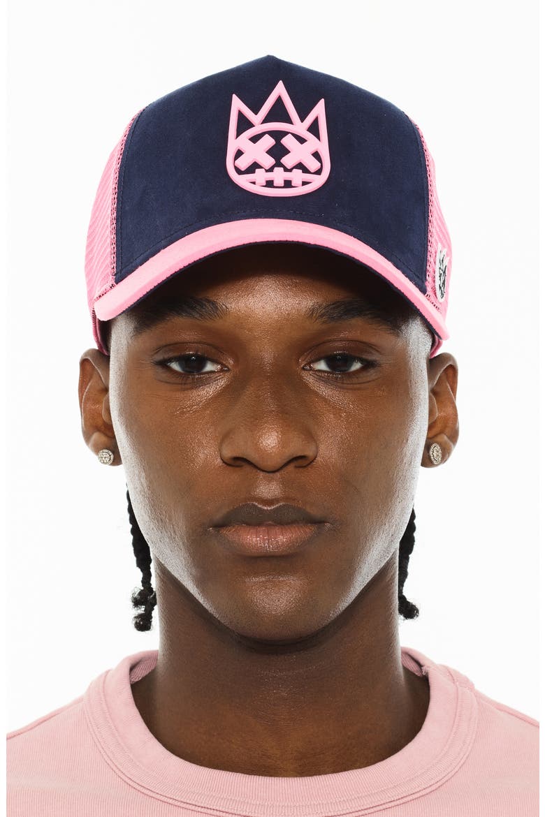 Logo Mesh Back Suede Trucker Hat, Main, color, MIDNIGHT BLUE