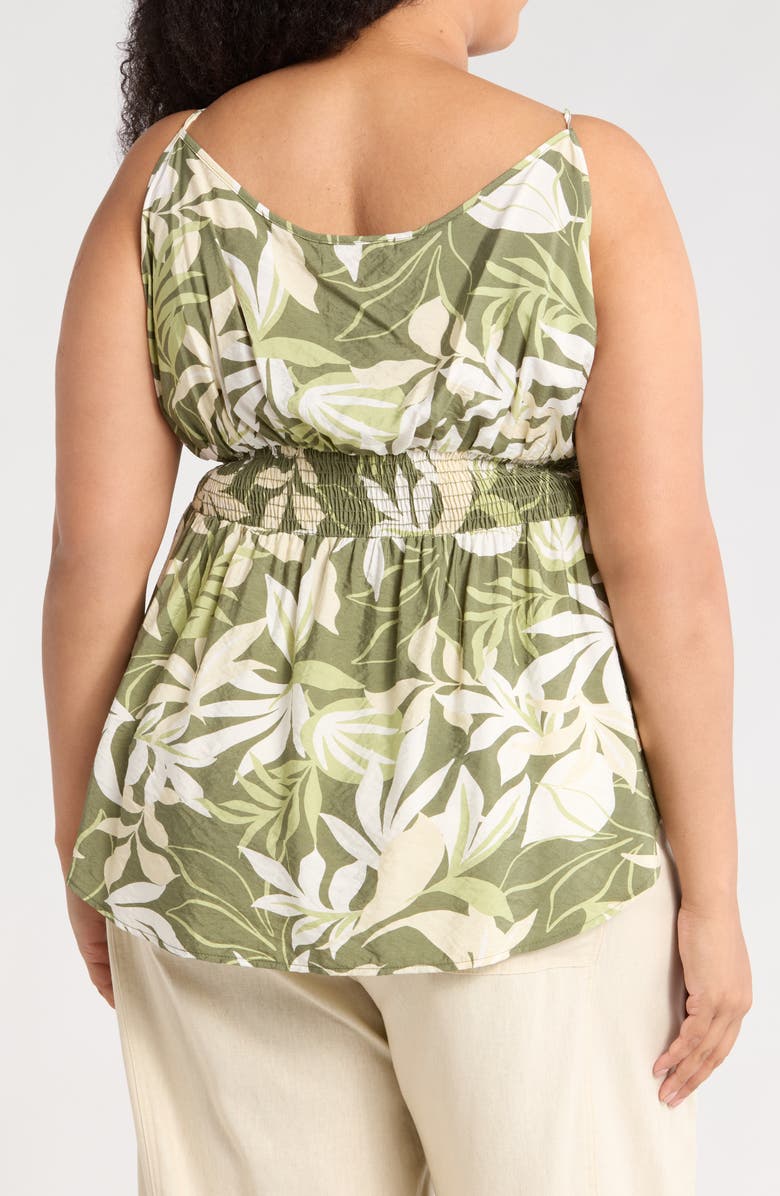Renee C Tropical Print Smocked Peplum Camisole, Alternate, color, Olive