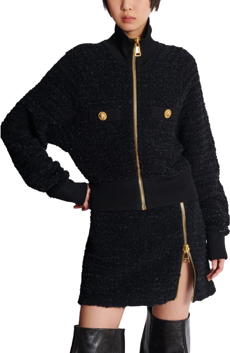 Balmain Tweed Bomber Jacket, Alternate, color, 