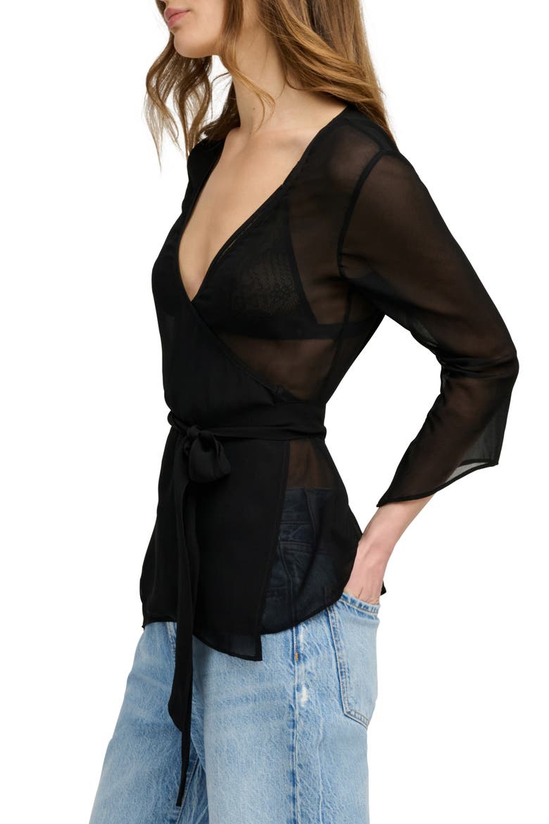 The Ethereal Mixed Media Faux Wrap Top, Alternate, color, BLACK