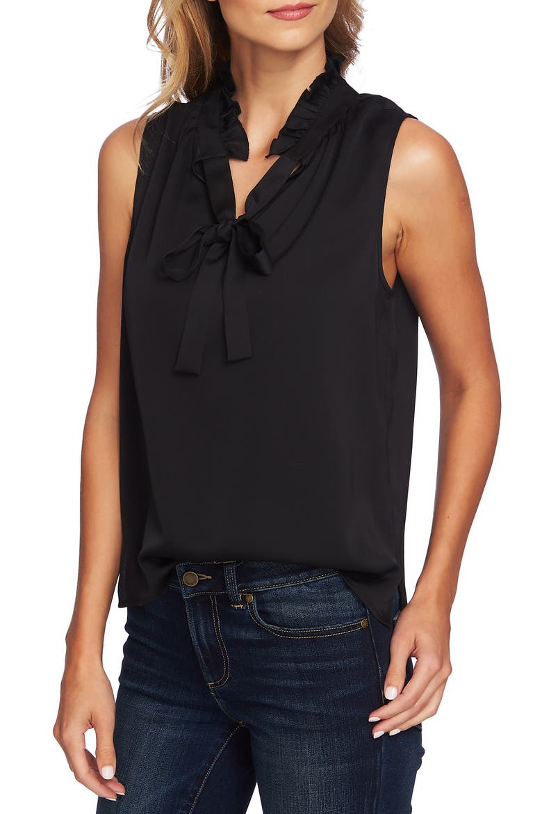 Ruffle Tie Neck Sleeveless Blouse, Alternate, color, RICH BLACK