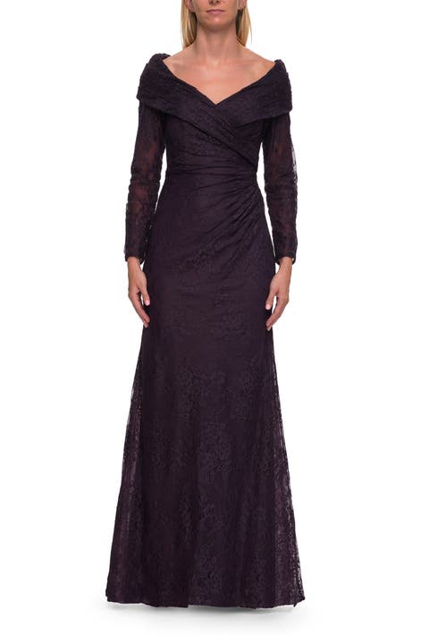 Lace Long Sleeve V-Neck Evening Gown