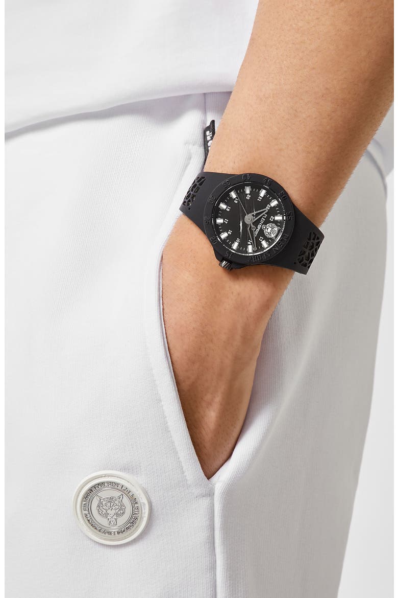 Three-Hand Quartz Silicone Strap Watch, 40mm, Alternate, color, IP BLACK