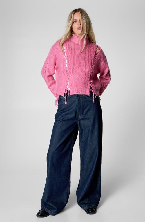 Nasty Gal Lace-up Turtleneck Cable Sweater In Pink