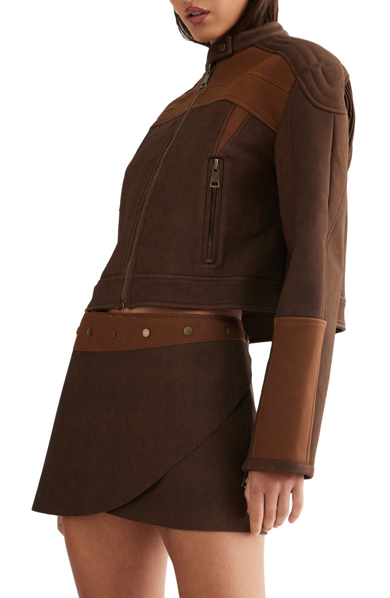 LIONESS Nueve Colorblock Faux Leather Biker Jacket, Alternate, color, Chocolate