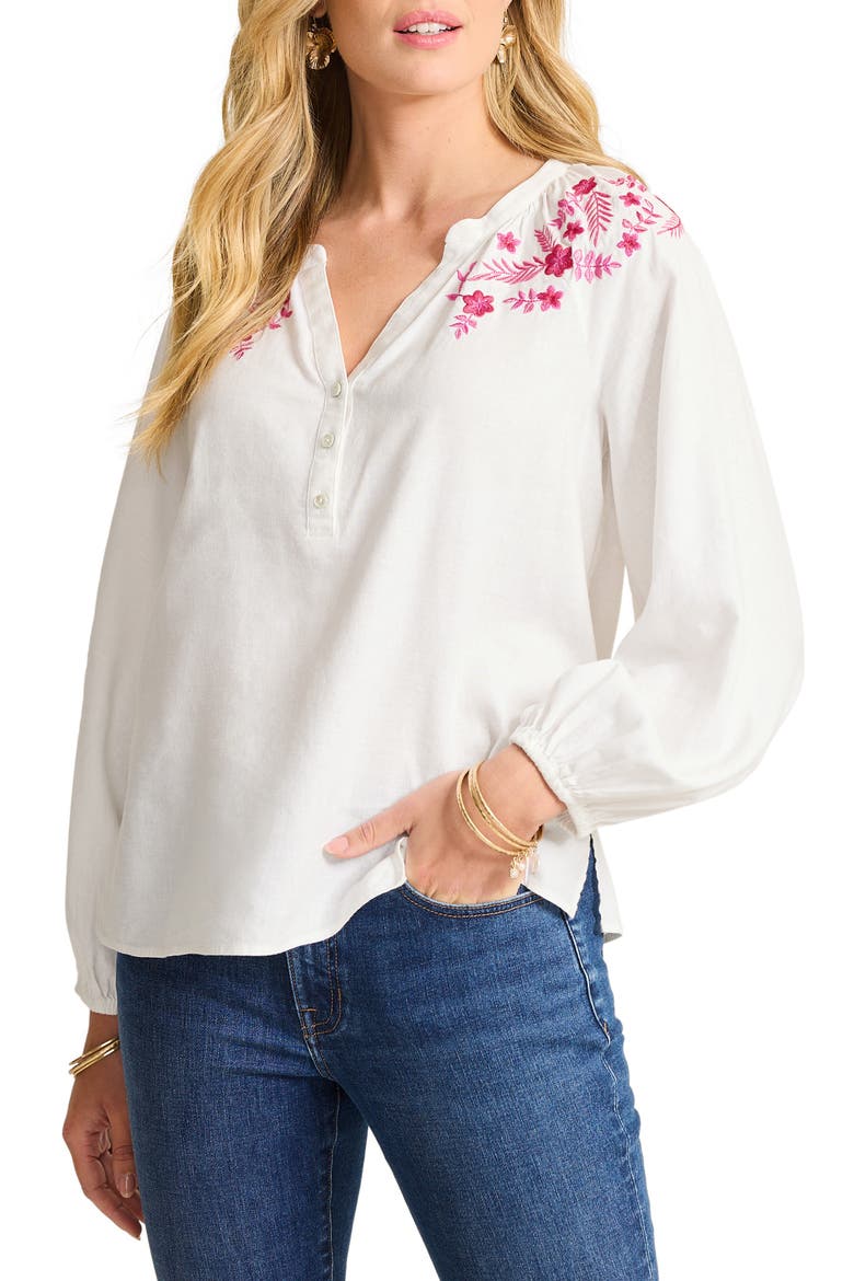 Coastal Tide Embroidered Linen Blend Peasant Top, Main, color, BRIGHT ROSE