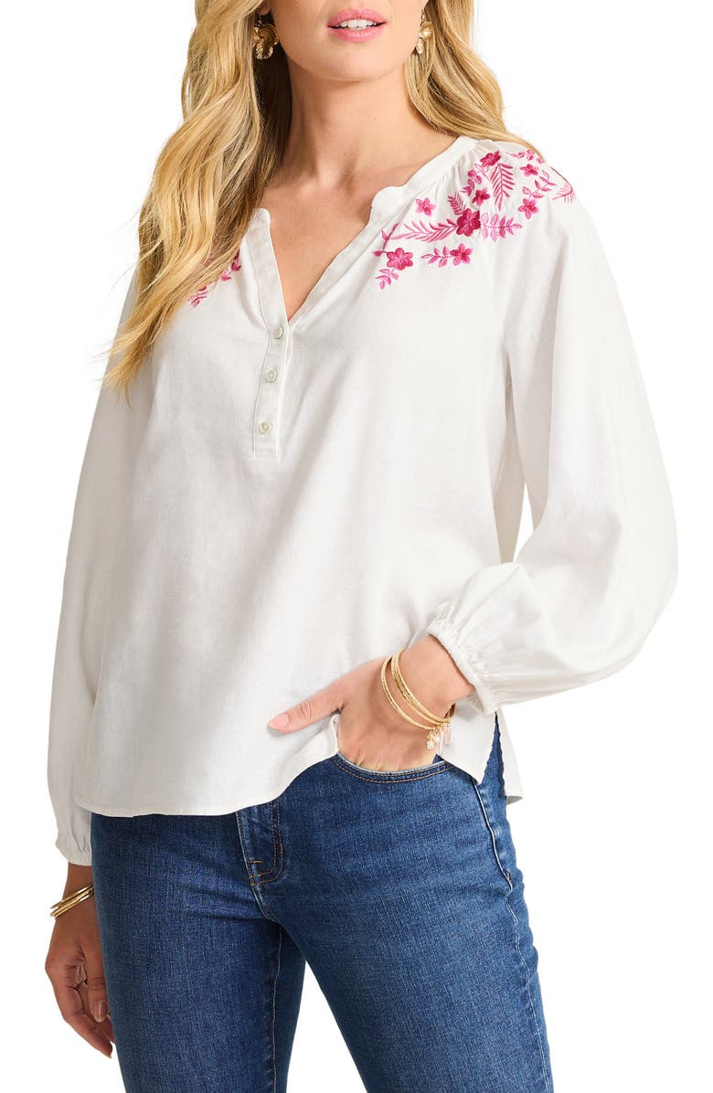 Tommy Bahama Coastal Tide Embroidered Linen Blend Peasant Top, Main, color, Bright Rose