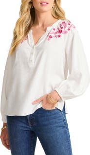 Tommy Bahama Coastal Tide Embroidered Linen Blend Peasant Top