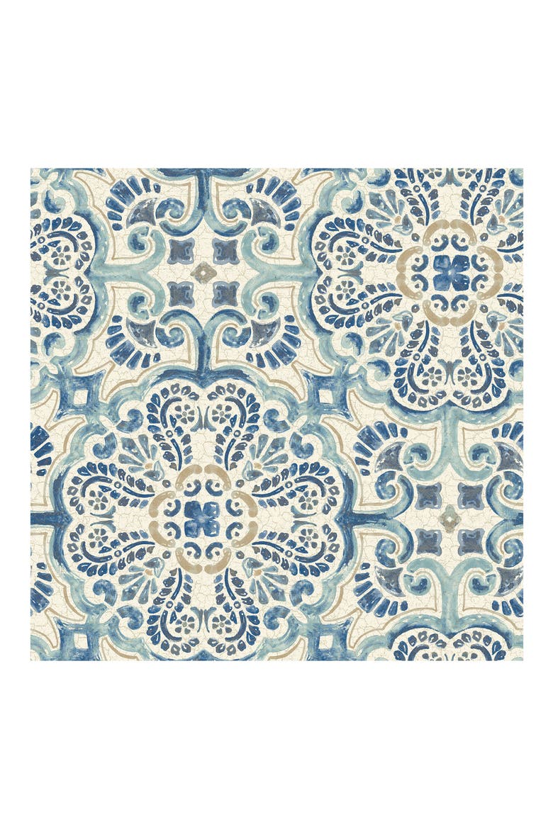 Blue Florentine Tile Peel & Stick Vinyl Wallpaper, Main, color, BLUE