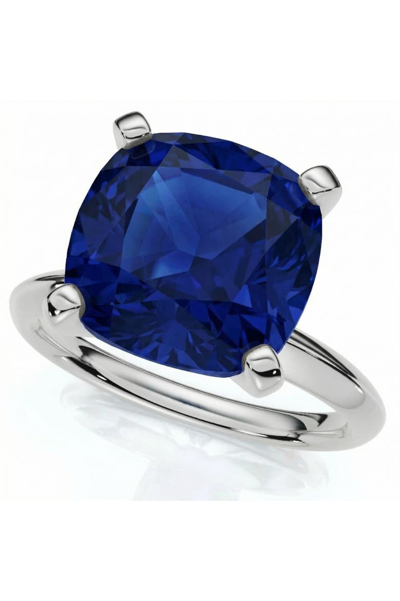 5Ct Cushion Blue Sapphire Solitaire Ring 14k Gold Lab Grown 10MM, Alternate, color, 14k White Gold