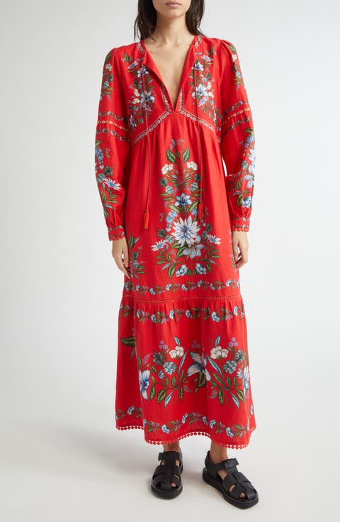 Sweet Bloom Long Sleeve Linen Blend Tiered Maxi Dress