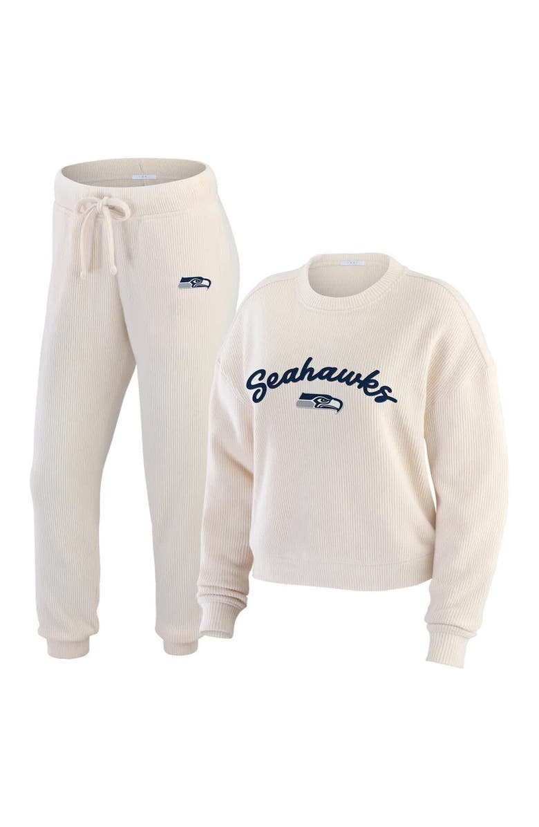 WEAR by Erin Andrews Women's WEAR by Erin Andrews  Oatmeal Seattle Seahawks Plus Size Rib-Knit Long Sleeve T-Shirt & Pants Lounge Set, Alternate, color, Oatmeal