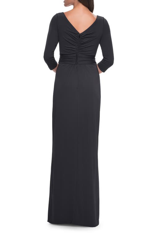 La Femme Simple Chic Jersey Dress With Ruched Waist And V Neckline In Charcoal