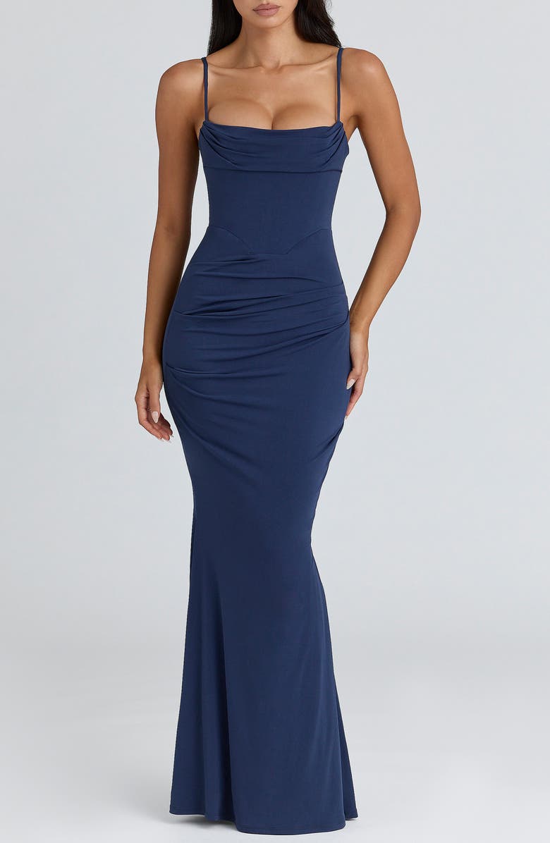 HOUSE OF CB Milena Corset Trumpet Gown, Main, color, Navy