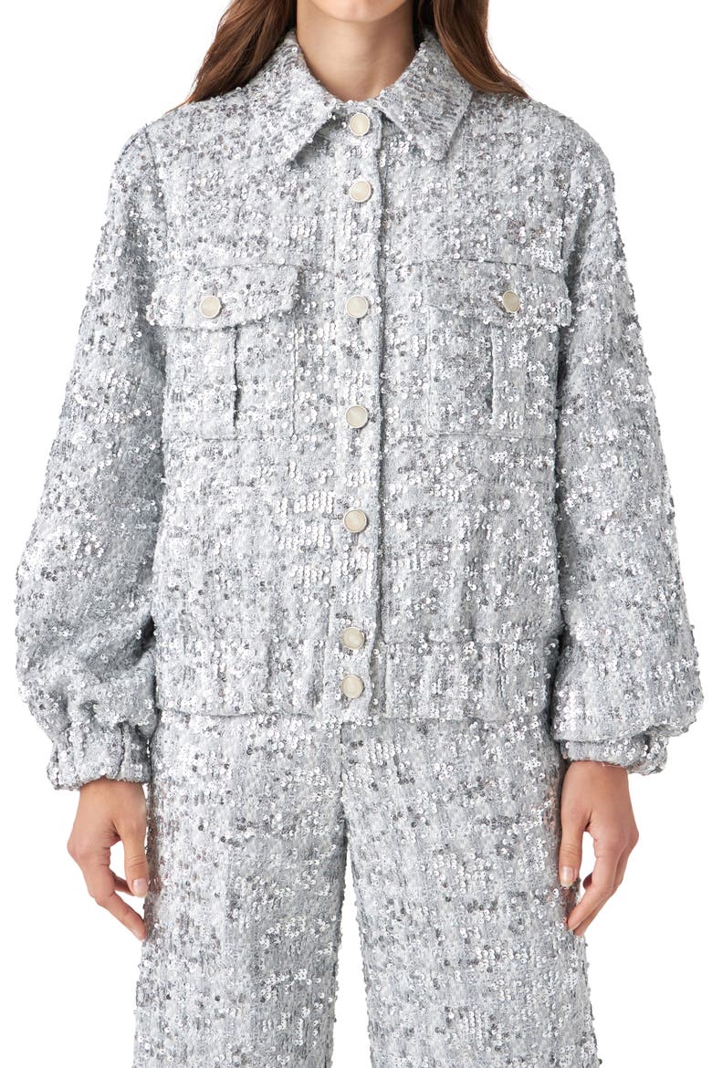 Sequin Tweed Jacket, Alternate, color, SILVER