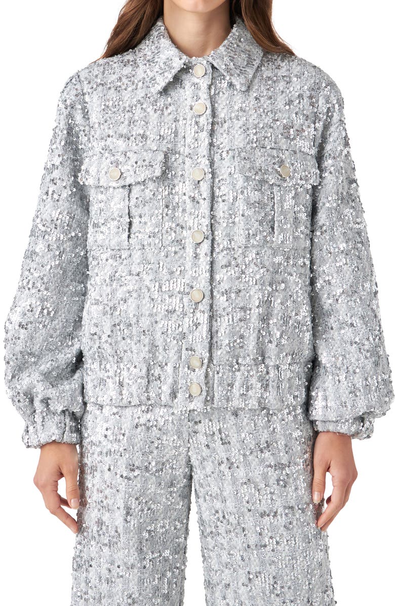 English Factory Sequin Tweed Jacket, Alternate, color, Silver
